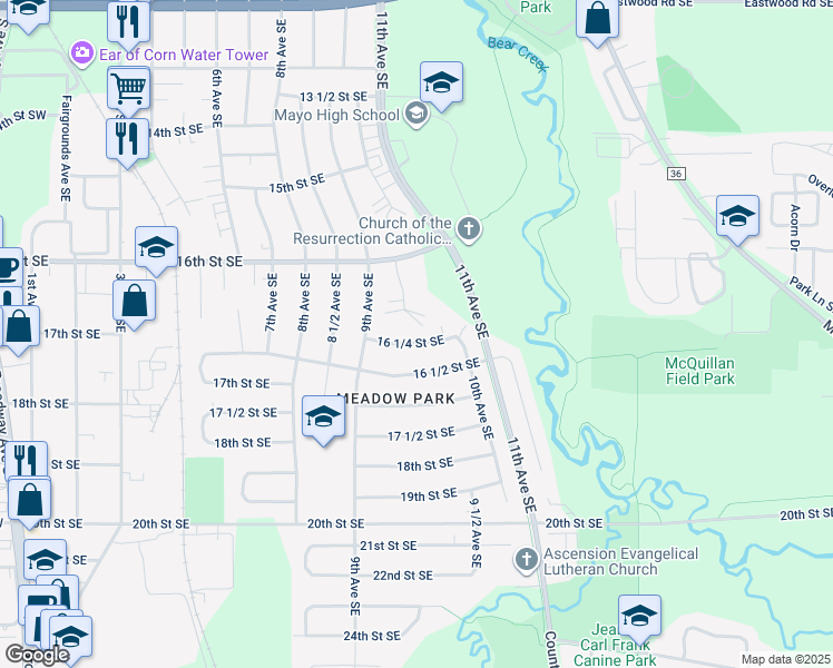 map of restaurants, bars, coffee shops, grocery stores, and more near 927 16 1/4 Street Southeast in Rochester