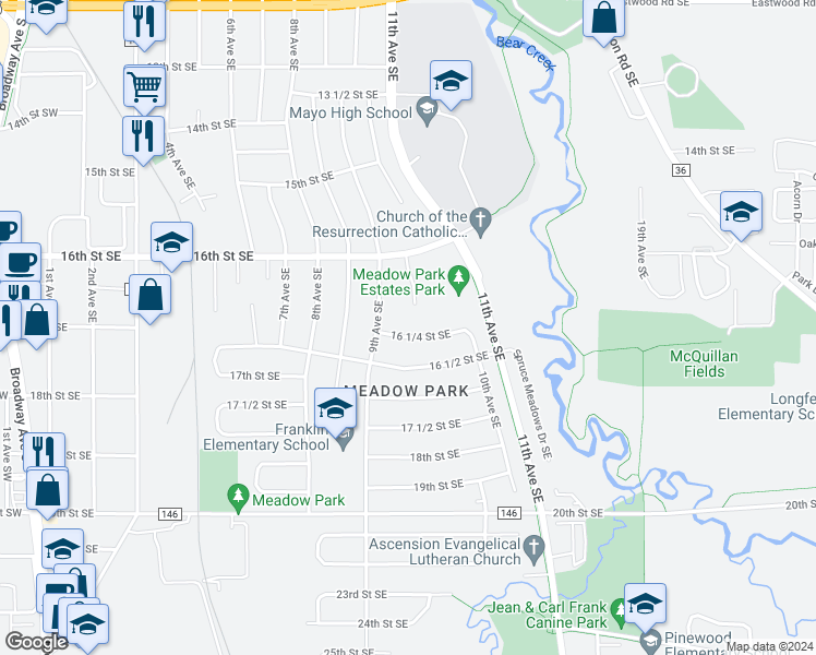 map of restaurants, bars, coffee shops, grocery stores, and more near 927 16 1/4 St SE in Rochester