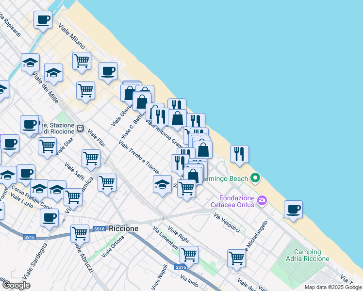 map of restaurants, bars, coffee shops, grocery stores, and more near 91 Viale Antonio Gramsci in Riccione