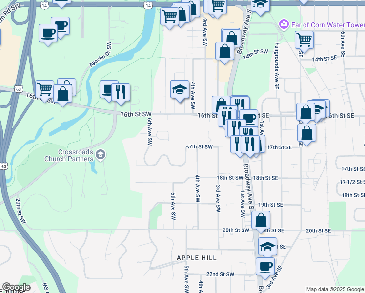map of restaurants, bars, coffee shops, grocery stores, and more near 421 17th Street Southwest in Rochester