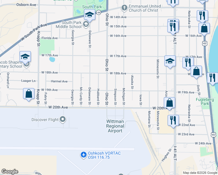 map of restaurants, bars, coffee shops, grocery stores, and more near 1852 Ohio Street in Oshkosh
