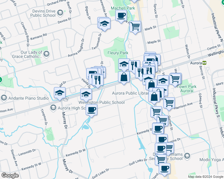map of restaurants, bars, coffee shops, grocery stores, and more near in Aurora