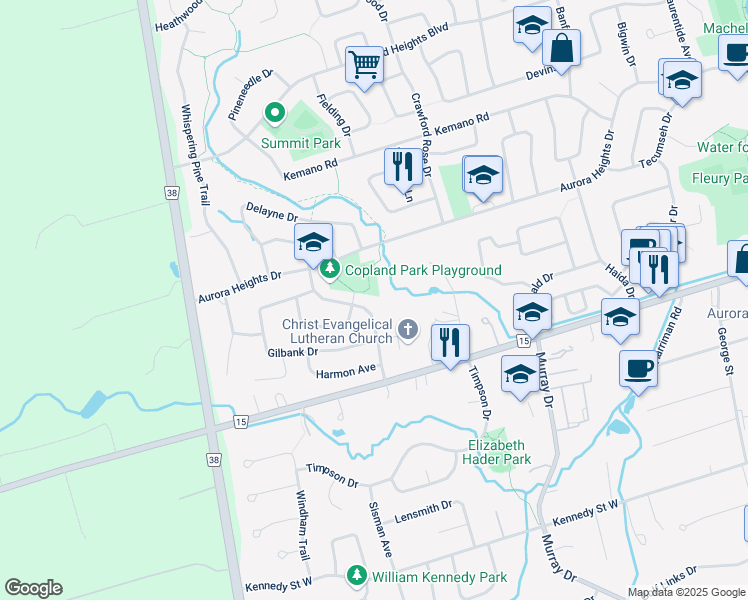map of restaurants, bars, coffee shops, grocery stores, and more near 33 McLeod Drive in Aurora
