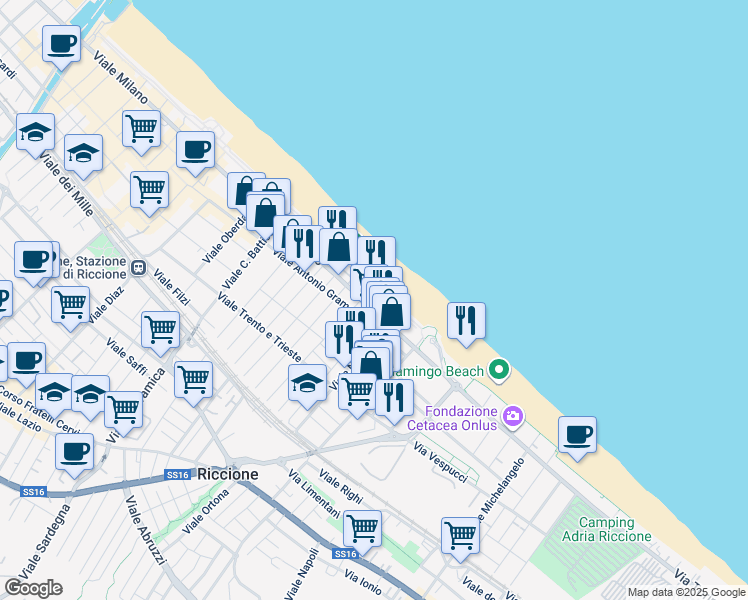 map of restaurants, bars, coffee shops, grocery stores, and more near 28 Lungomare Repubblica in Riccione