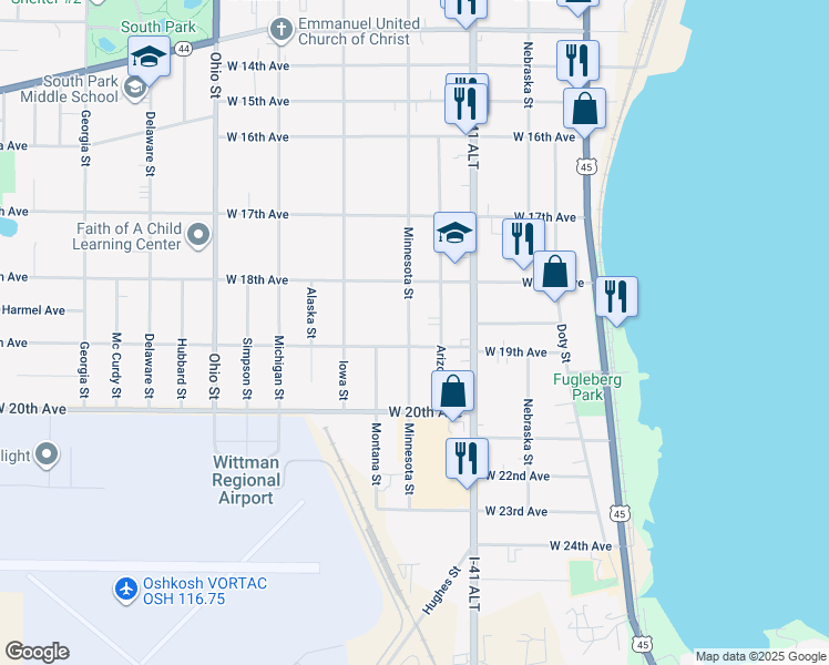 map of restaurants, bars, coffee shops, grocery stores, and more near 1848 Minnesota Street in Oshkosh