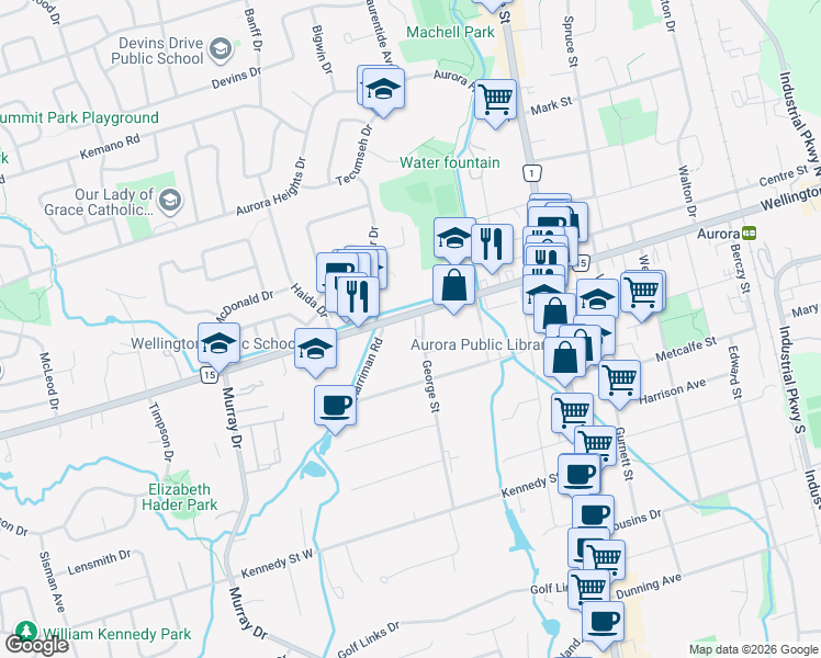 map of restaurants, bars, coffee shops, grocery stores, and more near 85 Wellington Street West in Aurora