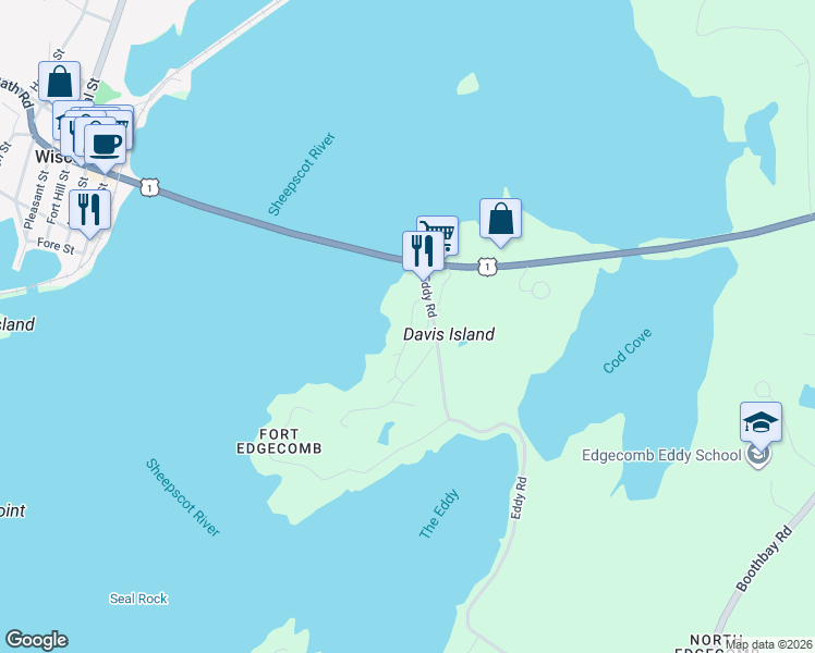map of restaurants, bars, coffee shops, grocery stores, and more near 14 Cottage Way in Edgecomb