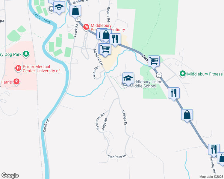 map of restaurants, bars, coffee shops, grocery stores, and more near 65 Gardner Close in Middlebury