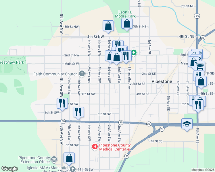 map of restaurants, bars, coffee shops, grocery stores, and more near 304 3rd Avenue Southwest in Pipestone
