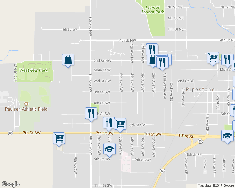 map of restaurants, bars, coffee shops, grocery stores, and more near 510 3rd Street Southwest in Pipestone