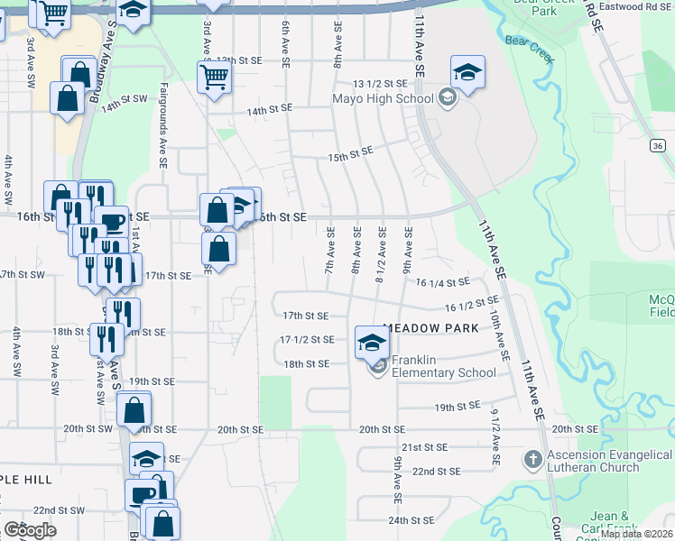 map of restaurants, bars, coffee shops, grocery stores, and more near 1640 7th Avenue Southeast in Rochester