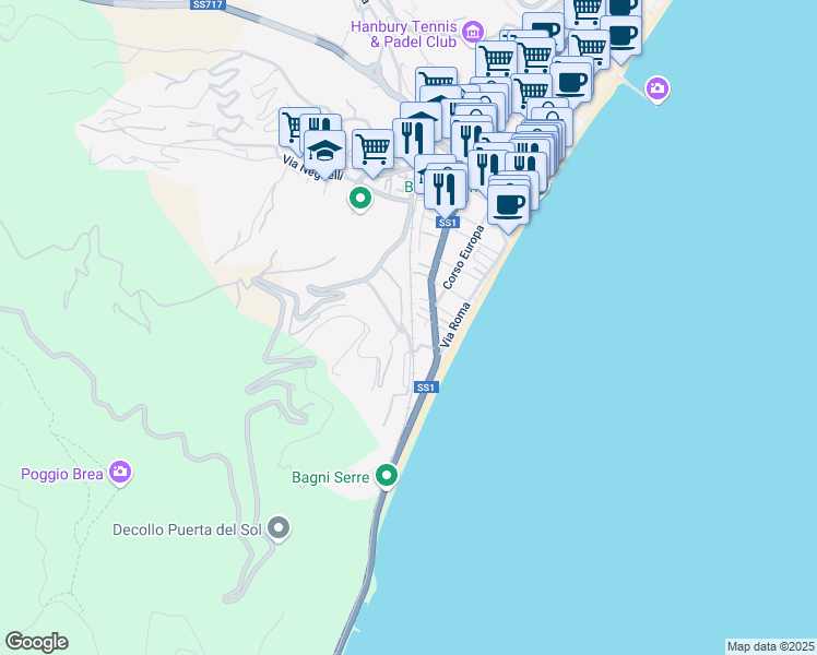 map of restaurants, bars, coffee shops, grocery stores, and more near 5 Via Napoleone Buonaparte in Alassio