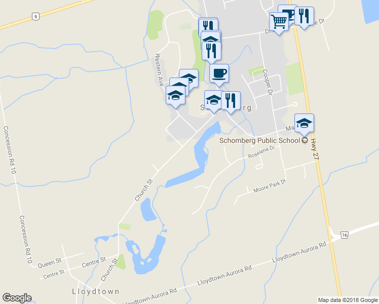 map of restaurants, bars, coffee shops, grocery stores, and more near 99 Church Street in Schomberg