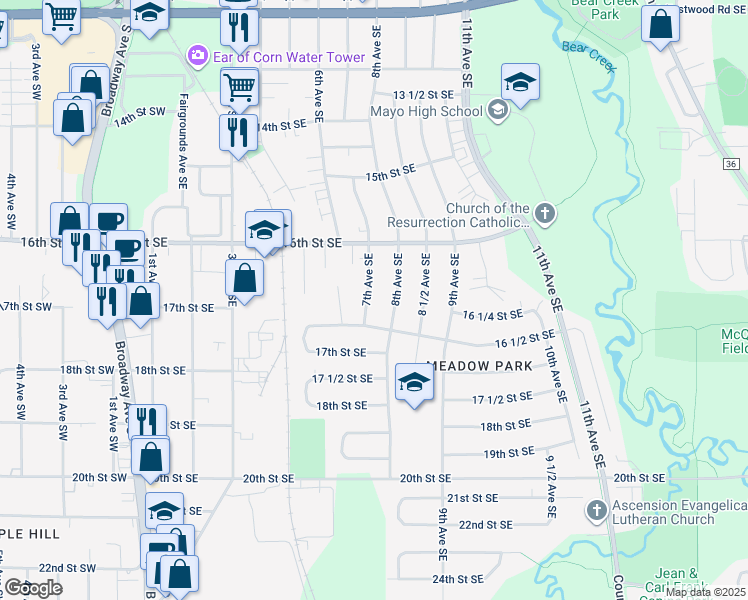 map of restaurants, bars, coffee shops, grocery stores, and more near 1634 7th Avenue Southeast in Rochester