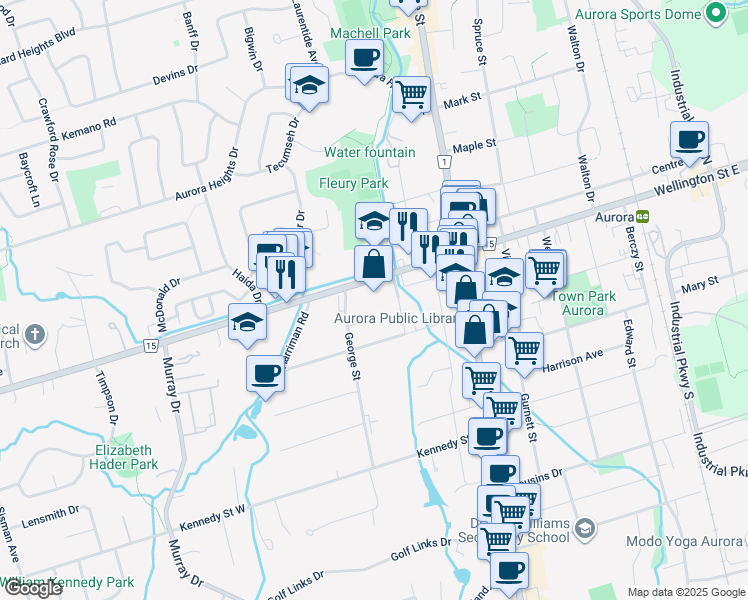 map of restaurants, bars, coffee shops, grocery stores, and more near 20 Mill Street in Aurora