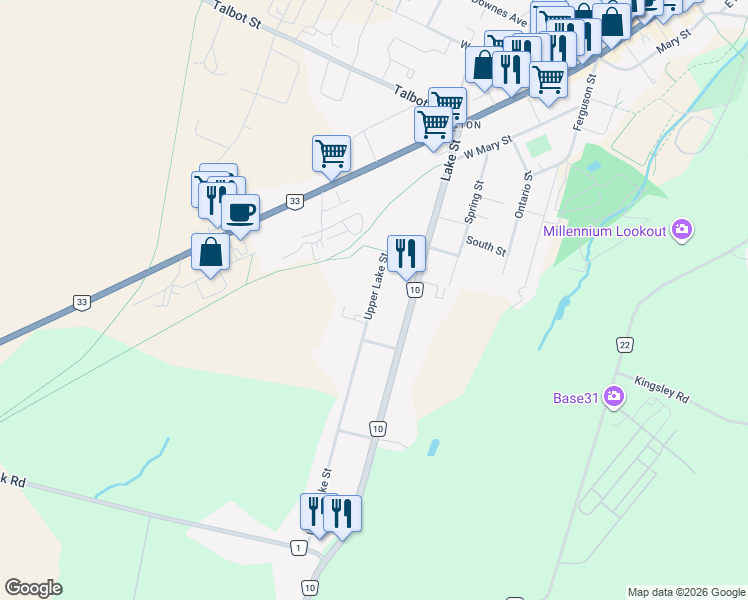 map of restaurants, bars, coffee shops, grocery stores, and more near 83 Upper Lake Street in Prince Edward County