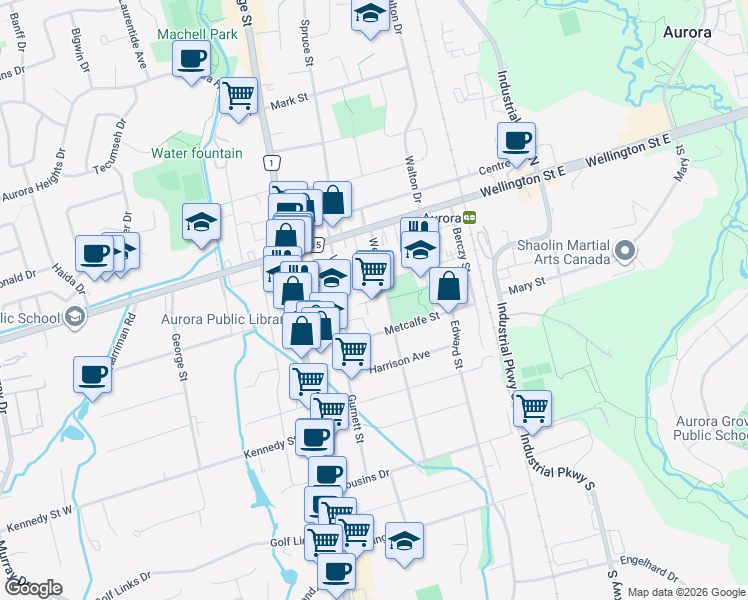 map of restaurants, bars, coffee shops, grocery stores, and more near 64 Wells Street in Aurora