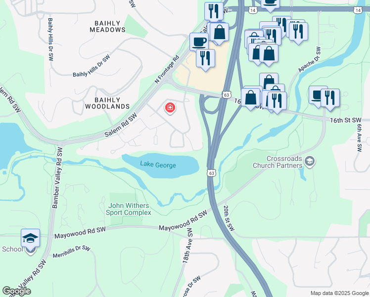 map of restaurants, bars, coffee shops, grocery stores, and more near 1712 Lakeview Drive Southwest in Rochester