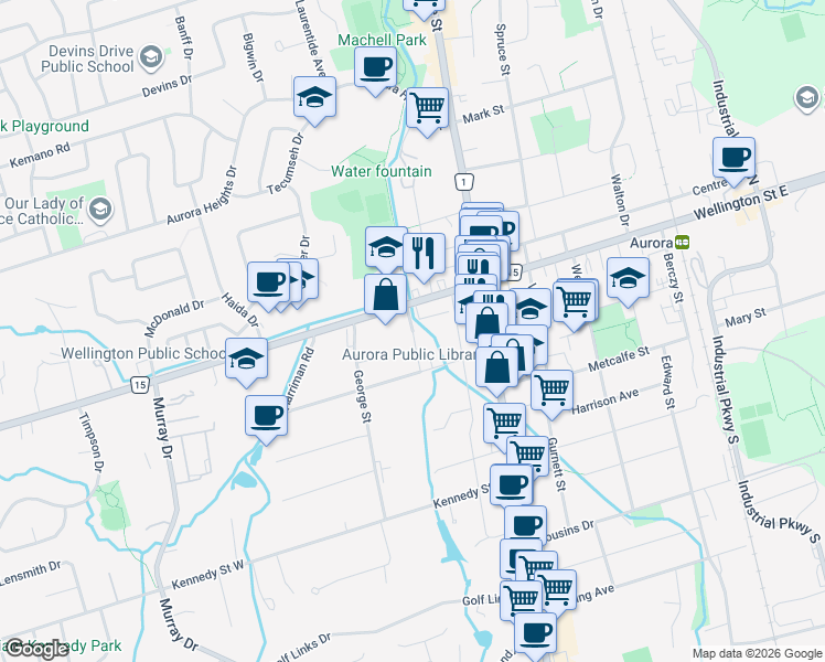 map of restaurants, bars, coffee shops, grocery stores, and more near 55 Mill Street in Aurora