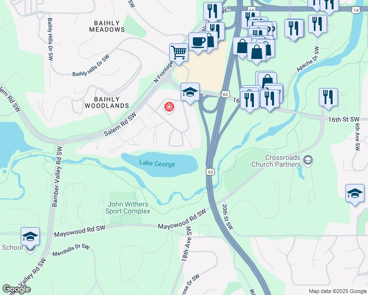 map of restaurants, bars, coffee shops, grocery stores, and more near 1712 Lakeview Drive Southwest in Rochester