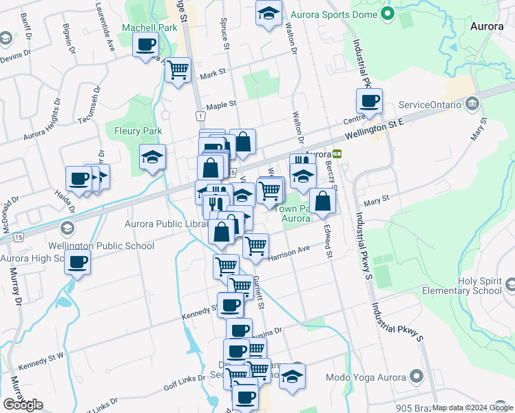 map of restaurants, bars, coffee shops, grocery stores, and more near in Aurora