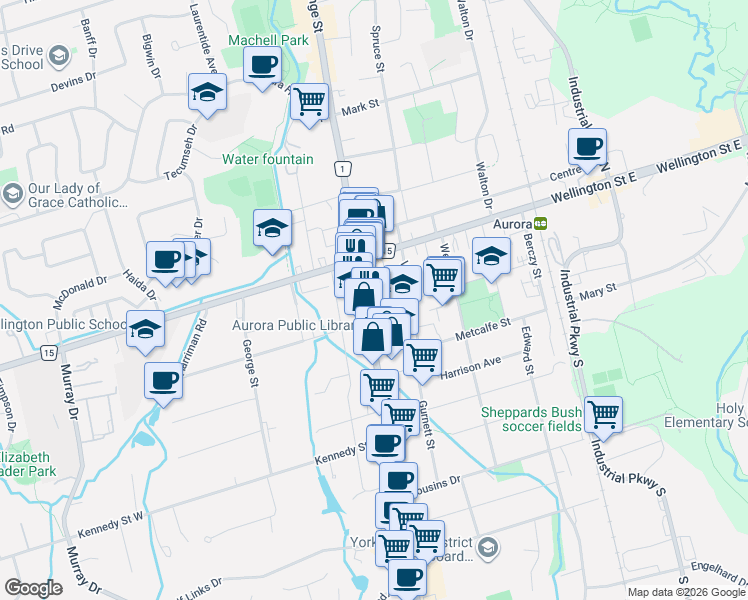 map of restaurants, bars, coffee shops, grocery stores, and more near 15 Tyler Street in Aurora