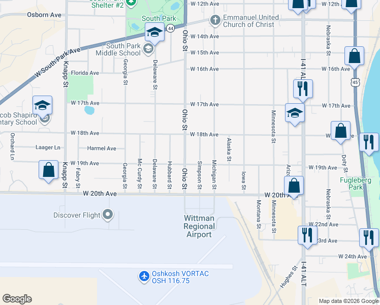 map of restaurants, bars, coffee shops, grocery stores, and more near 1852 Ohio Street in Oshkosh