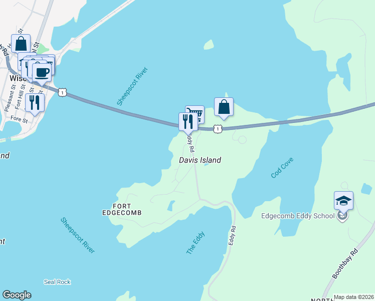 map of restaurants, bars, coffee shops, grocery stores, and more near 14 Cottage Way in Edgecomb