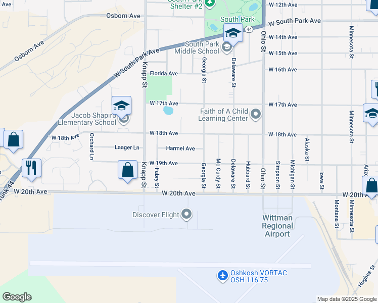 map of restaurants, bars, coffee shops, grocery stores, and more near 829 Harmel Avenue in Oshkosh