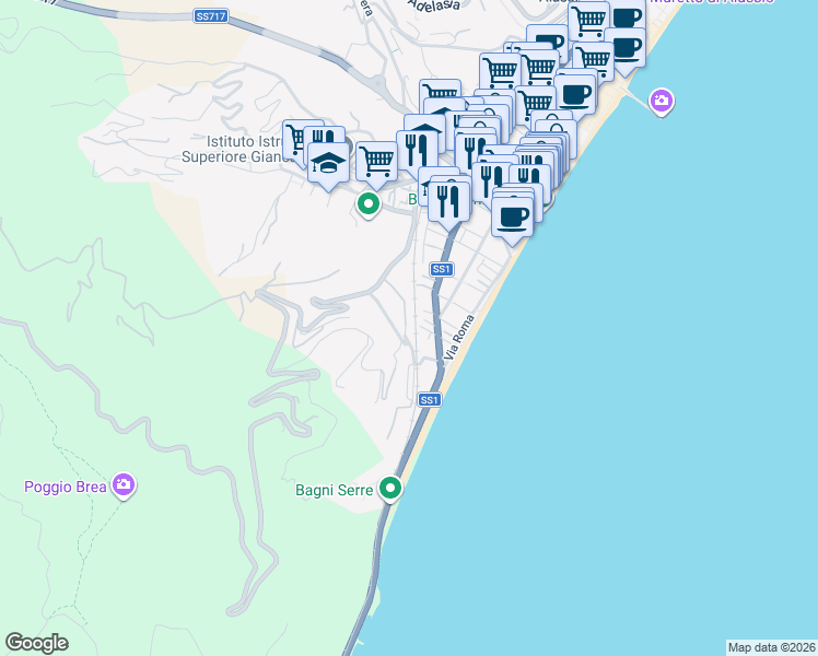map of restaurants, bars, coffee shops, grocery stores, and more near 5 Via Napoleone Bonaparte in Alassio