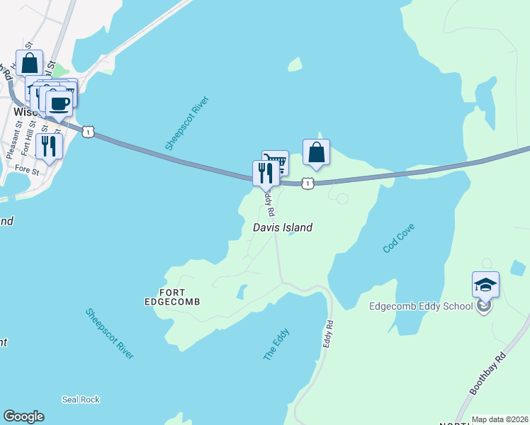 map of restaurants, bars, coffee shops, grocery stores, and more near 14 Cottage Way in Edgecomb