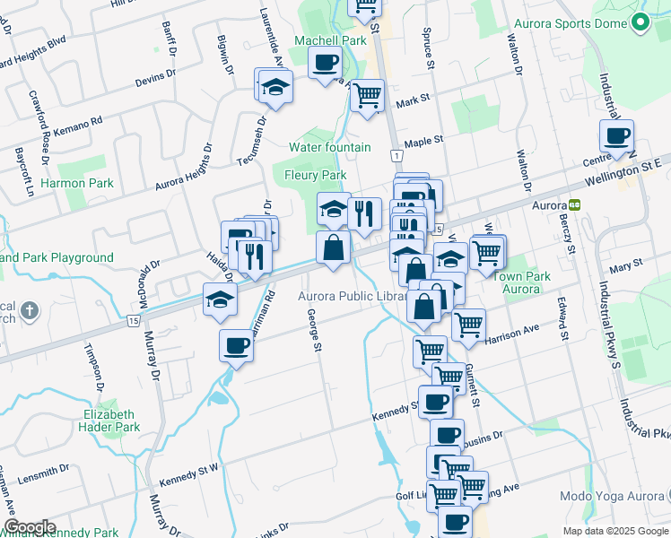map of restaurants, bars, coffee shops, grocery stores, and more near 55 Wellington Street West in Aurora