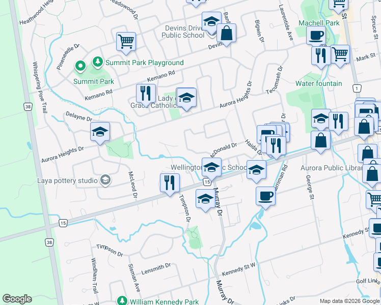 map of restaurants, bars, coffee shops, grocery stores, and more near 27 Hammond Drive in Aurora