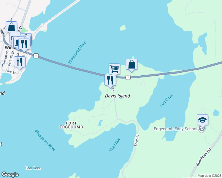 map of restaurants, bars, coffee shops, grocery stores, and more near 14 Cottage Way in Edgecomb