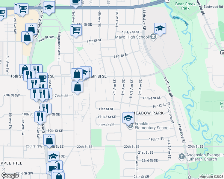 map of restaurants, bars, coffee shops, grocery stores, and more near 1640 7th Avenue Southeast in Rochester