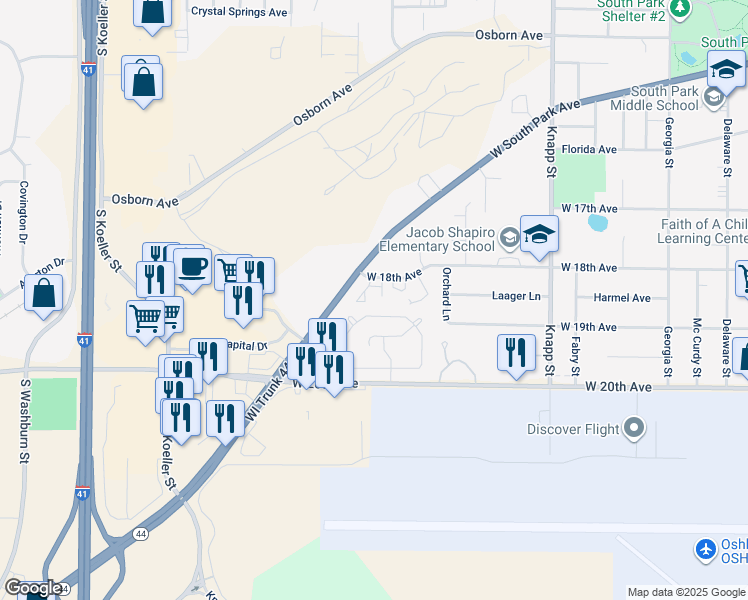 map of restaurants, bars, coffee shops, grocery stores, and more near 1205 Magnolia Avenue in Oshkosh