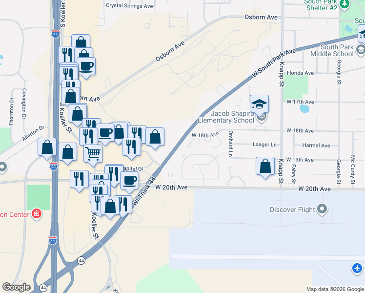 map of restaurants, bars, coffee shops, grocery stores, and more near 1477 West South Park Avenue in Oshkosh
