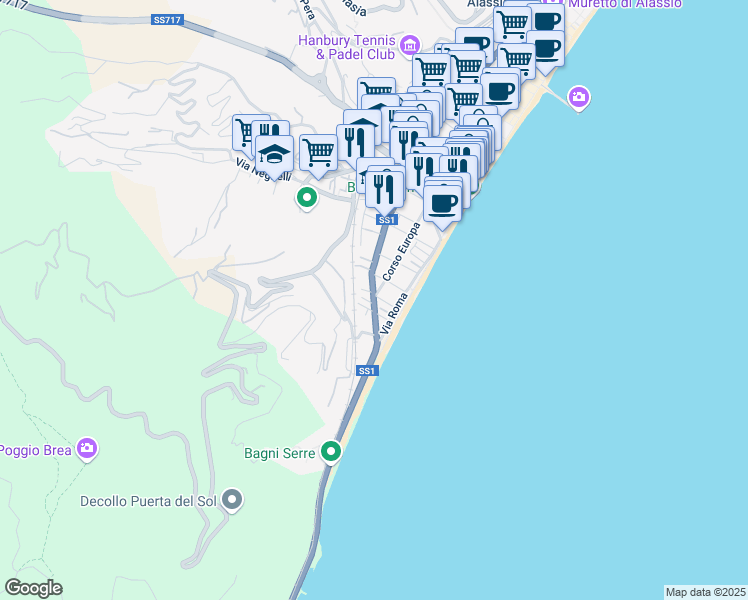 map of restaurants, bars, coffee shops, grocery stores, and more near 5 Via Napoleone Bonaparte in Alassio