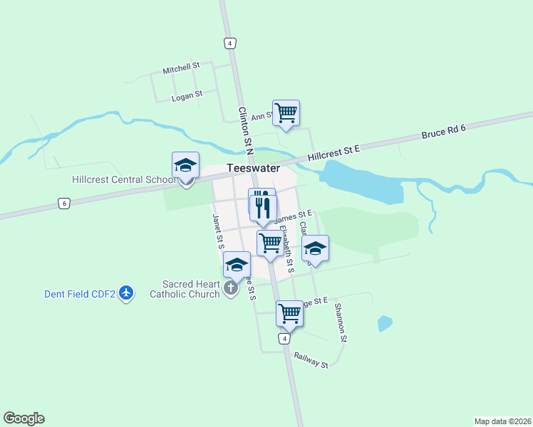 map of restaurants, bars, coffee shops, grocery stores, and more near 7 Clinton Street South in Teeswater