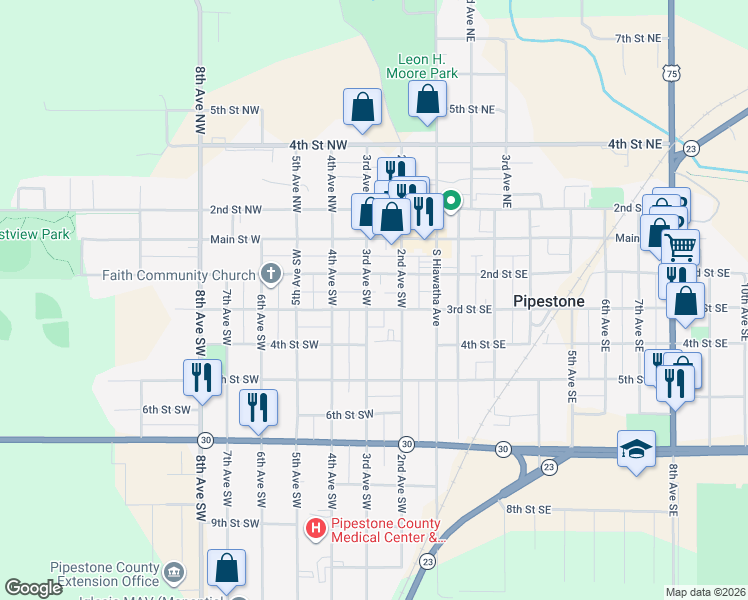 map of restaurants, bars, coffee shops, grocery stores, and more near 304 3rd Avenue Southwest in Pipestone