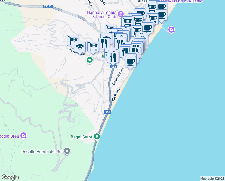 map of restaurants, bars, coffee shops, grocery stores, and more near 78 Via Roma in Alassio