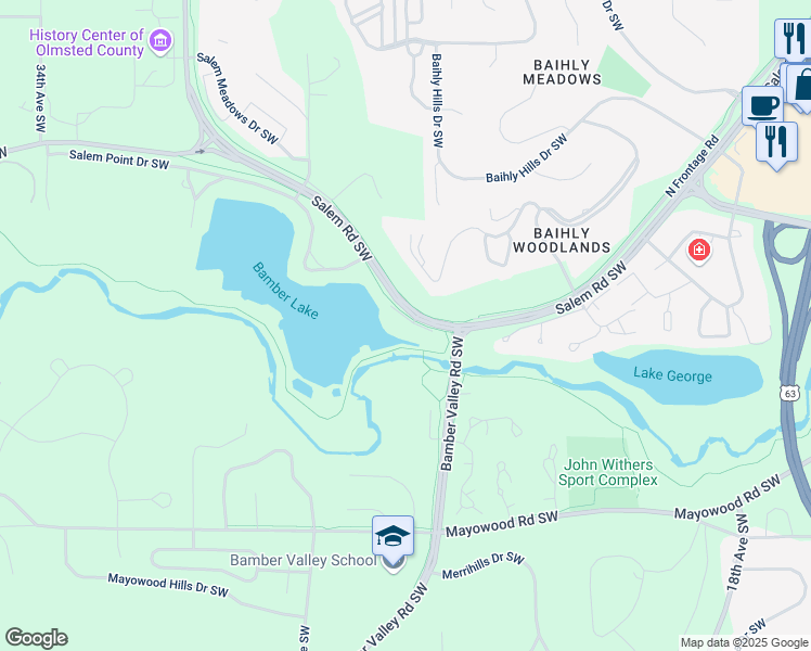 map of restaurants, bars, coffee shops, grocery stores, and more near 2534 Salem Road Southwest in Rochester