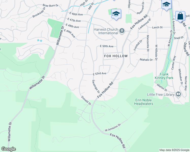 map of restaurants, bars, coffee shops, grocery stores, and more near 426 East 53rd Avenue in Eugene