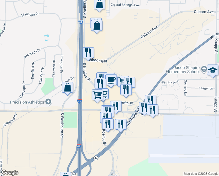 map of restaurants, bars, coffee shops, grocery stores, and more near 1900 South Koeller Street in Oshkosh