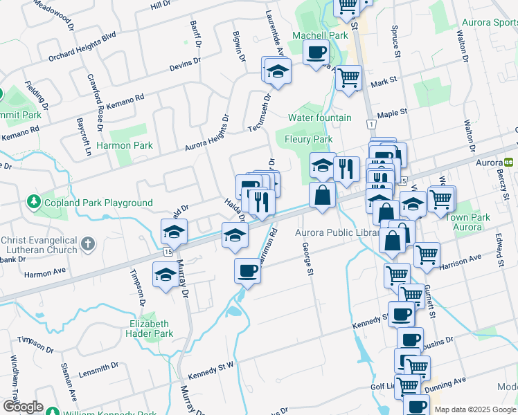 map of restaurants, bars, coffee shops, grocery stores, and more near 5 Harriman Road in Aurora