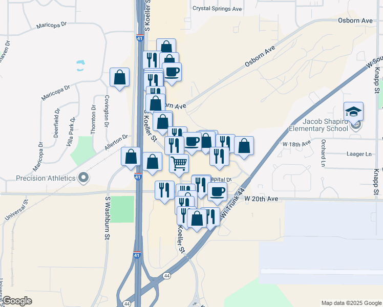 map of restaurants, bars, coffee shops, grocery stores, and more near 1900 South Koeller Street in Oshkosh