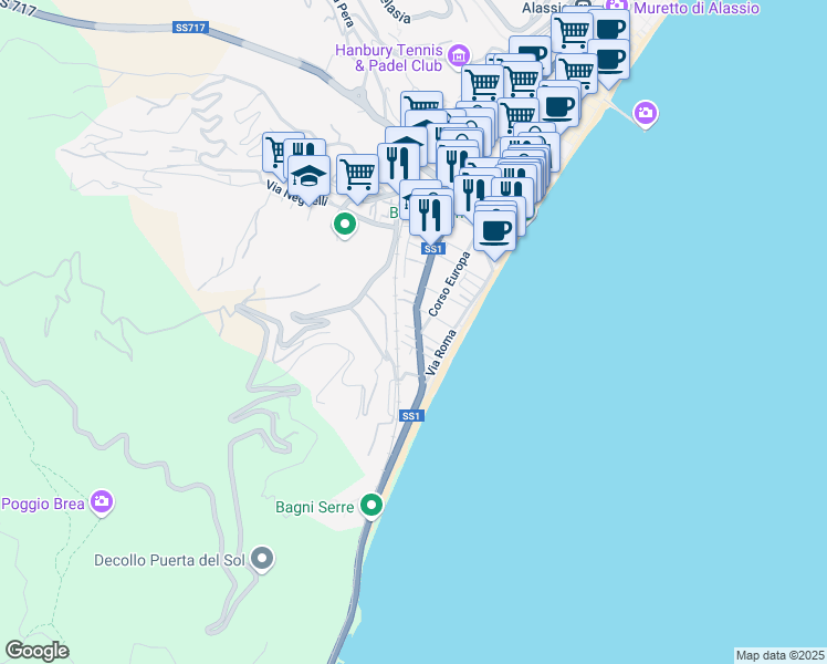 map of restaurants, bars, coffee shops, grocery stores, and more near 3 Via Privata Romana in Alassio