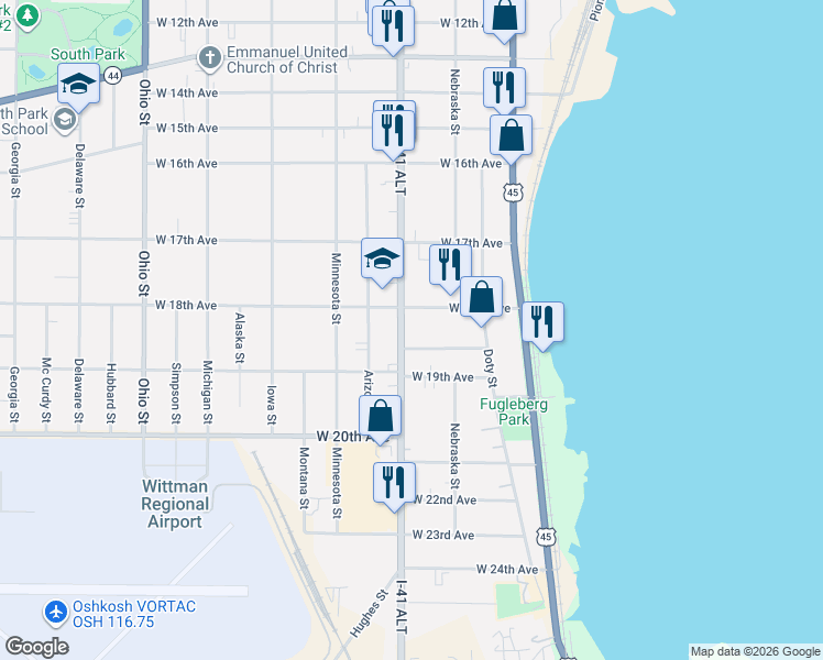 map of restaurants, bars, coffee shops, grocery stores, and more near 170 West 18th Avenue in Oshkosh