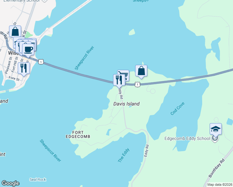 map of restaurants, bars, coffee shops, grocery stores, and more near 306 Eddy Road in Edgecomb