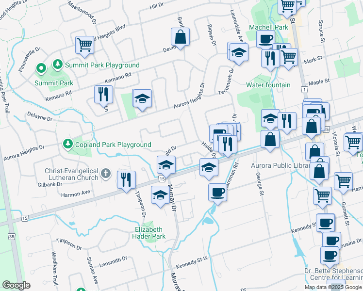 map of restaurants, bars, coffee shops, grocery stores, and more near McDonald Drive in Aurora